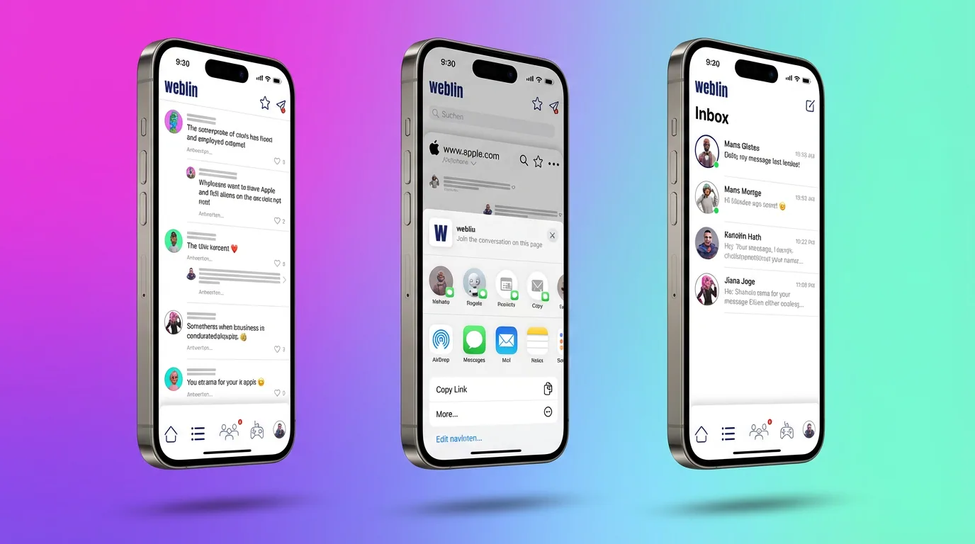 Three iPhones showing the weblin mobile app — Feed, Share sheet, and Inbox