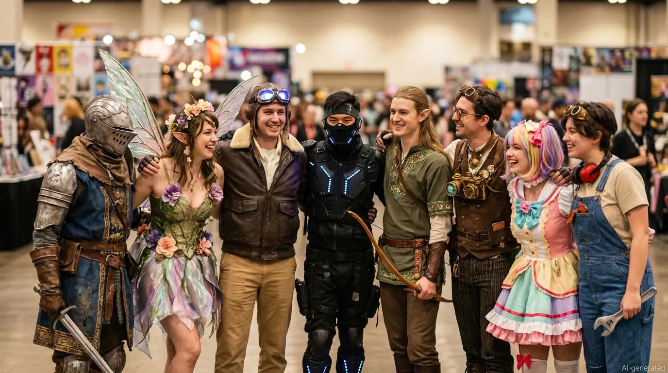 A group of cosplayers at a convention — a micro-community around a shared interest.