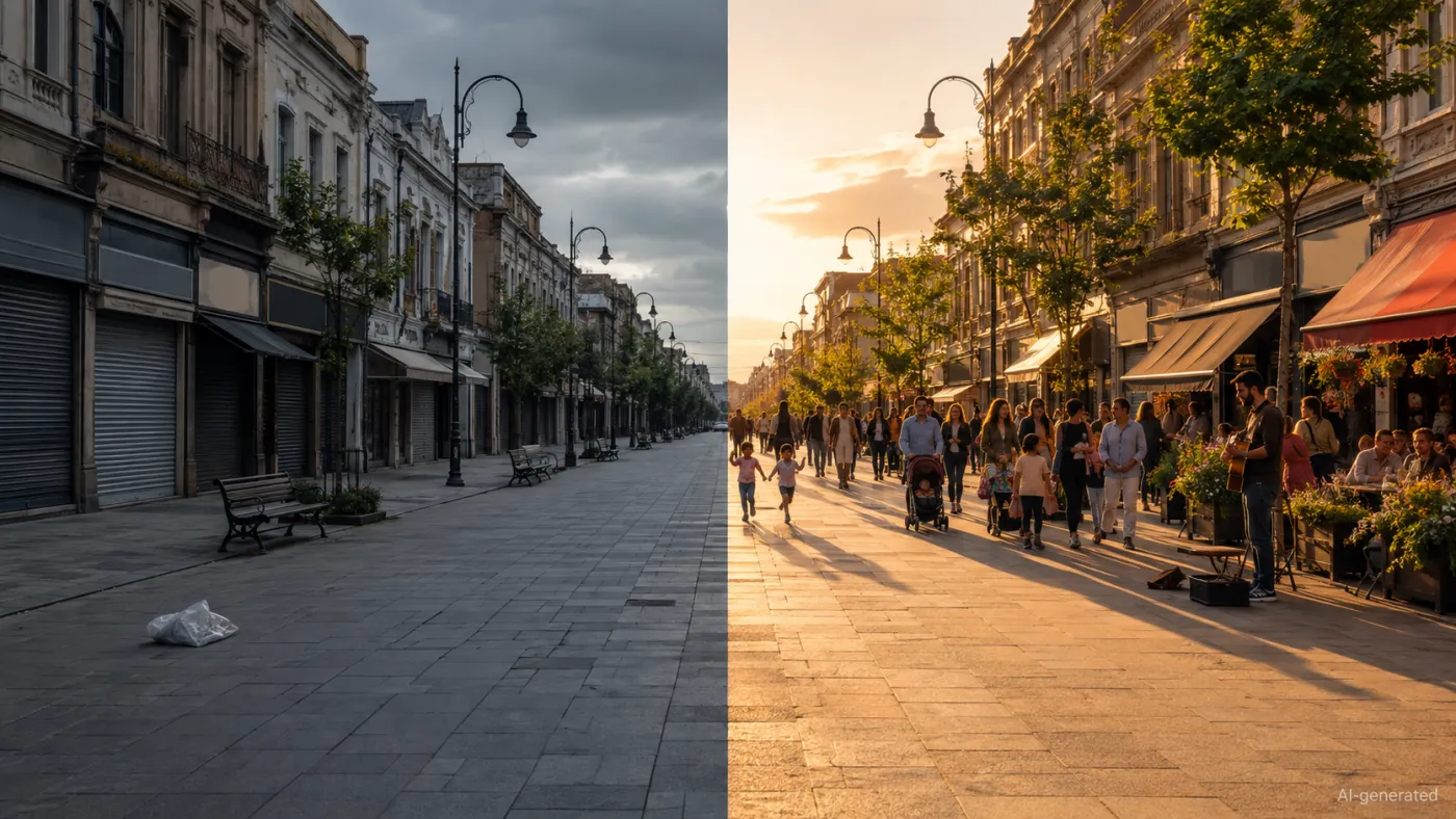 The same street twice: empty and gray versus full of people and life.