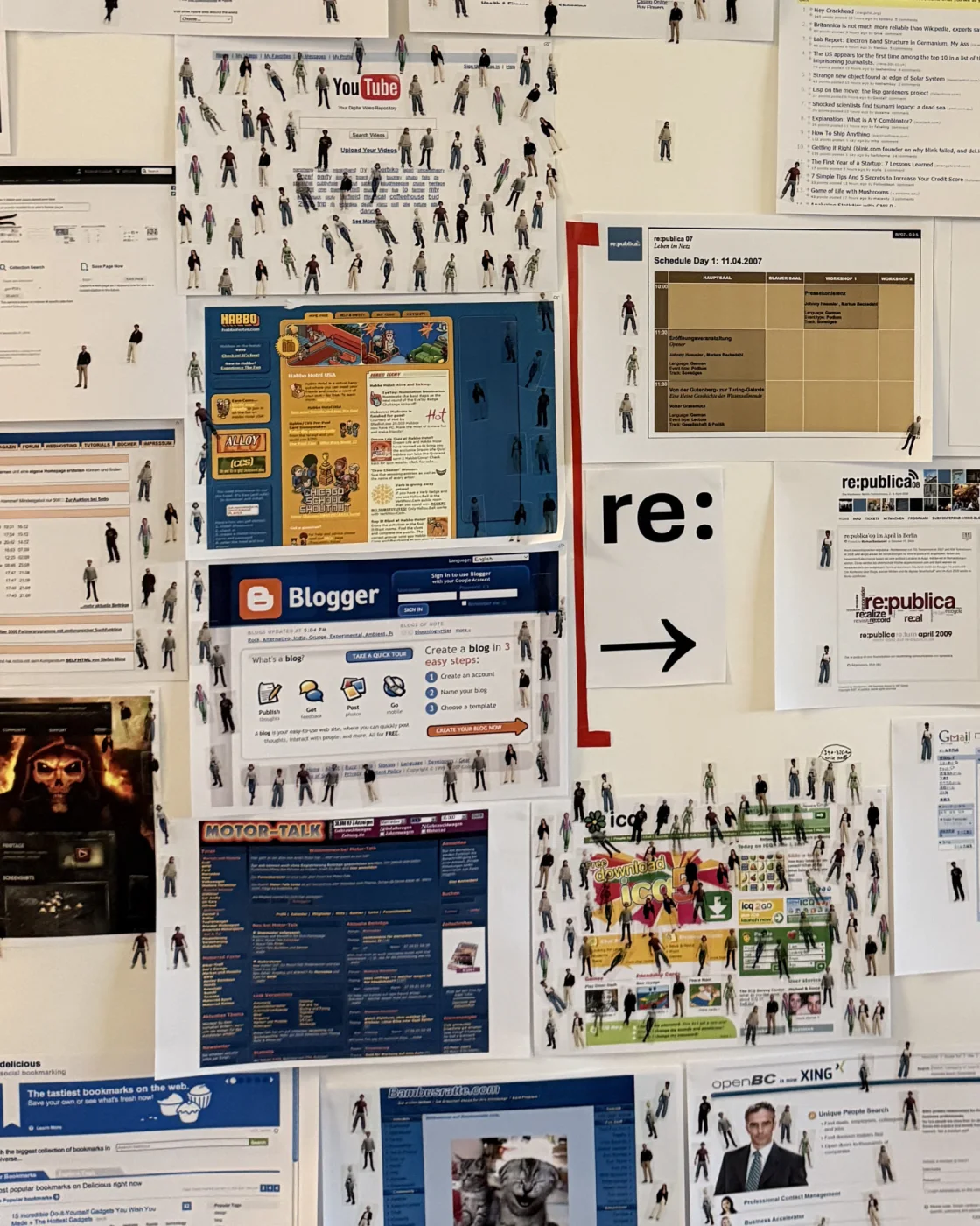 Close-up of the wall at re:publica 2026: printouts of early websites densely covered with little avatar stickers