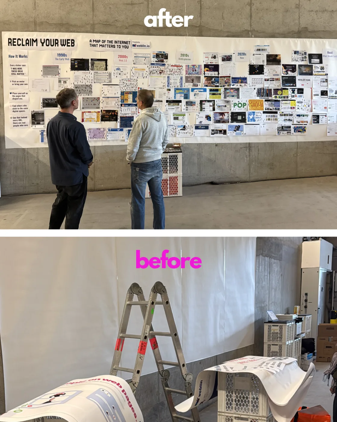 Before and after: first an empty wall with a step-ladder, then the same wall covered in printed websites with two visitors looking at it