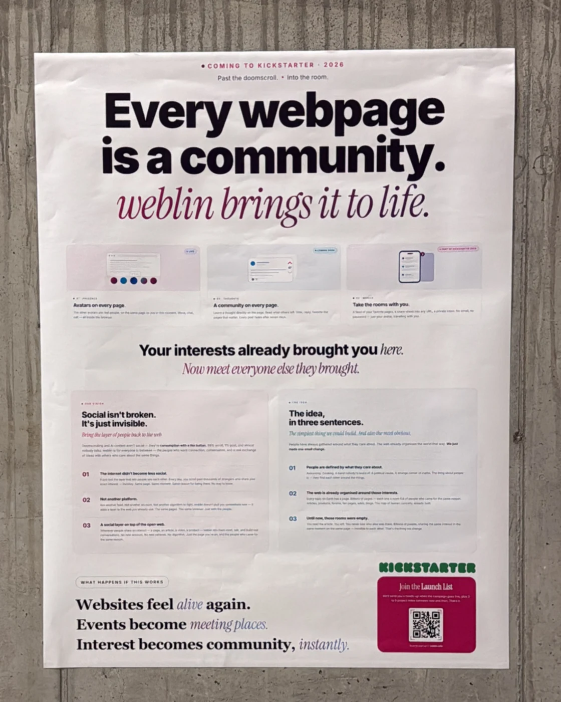 Poster reading 'Every webpage is a community. weblin brings it to life.' with a Kickstarter QR code