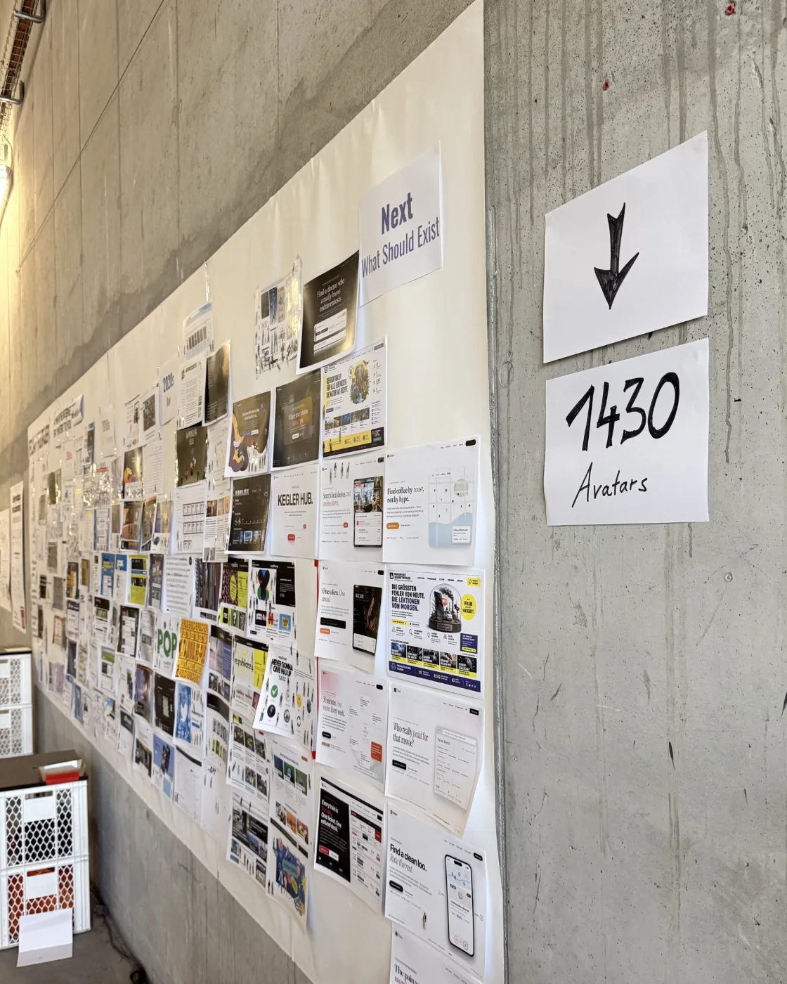 A hand-written sign reading '1430 Avatars' pinned next to the finished wall of websites